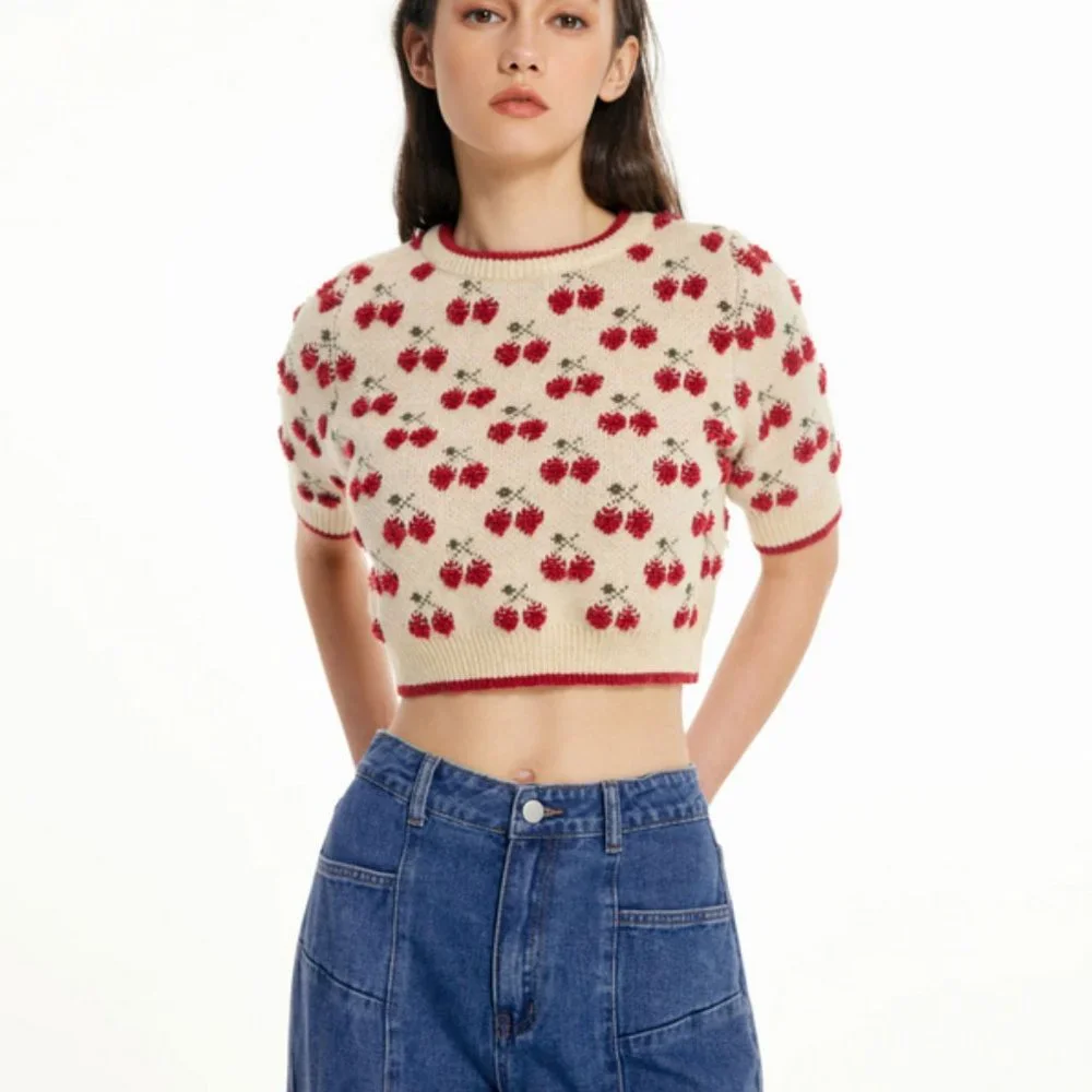 Cider Contrasting Binding Cherry Pattern Knitted Crop Top - Picture 3 of 7